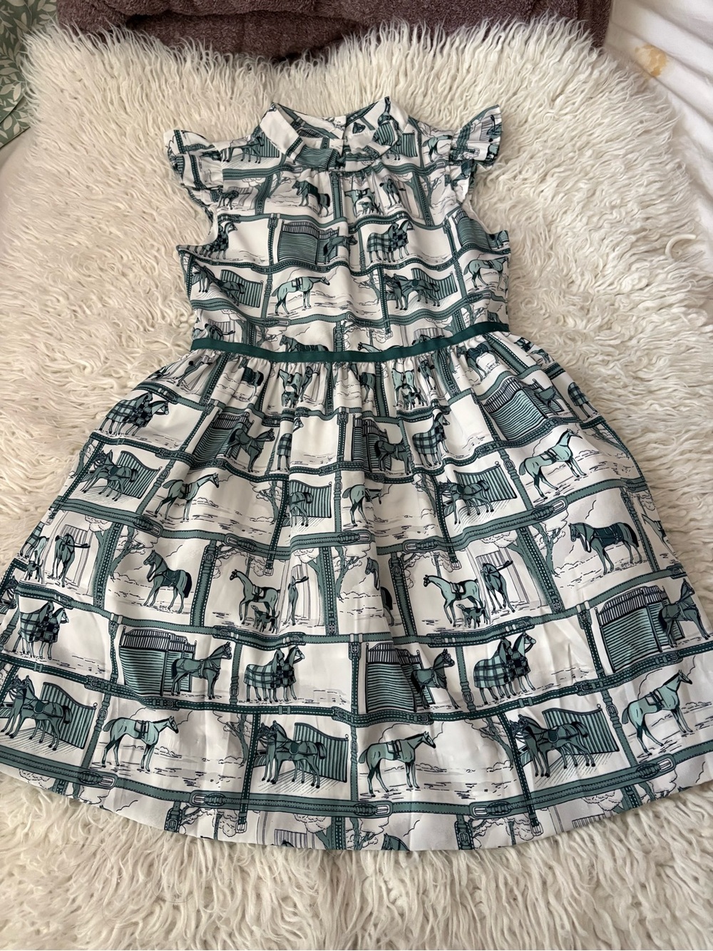 Janie and Jack Teal & White Horse-Print Flutter-Sleeve Dress 10
